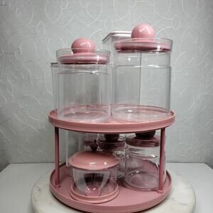 VTG Mauve Vanity Storage Set 11 Pc Canisters Pink Plastic Lazy Susan Retro
